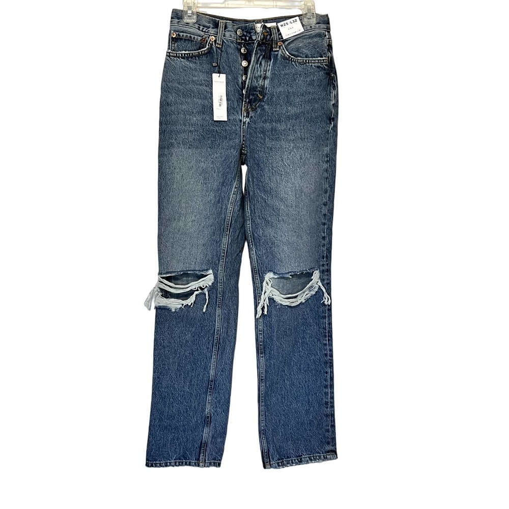 NWT Topshop Mid Rise Loose Fit Dad jeans Blue Washed Womens Size 2 - Picture 1 of 8
